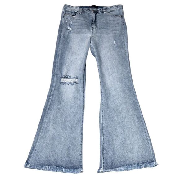 FTF High-Rise Destructed Raw Hem Light Wash Flare Jeans - Picture 2 of 13